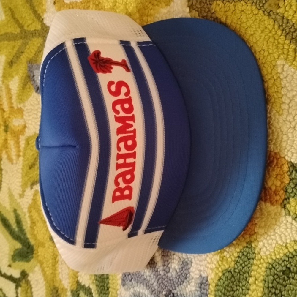 Vintage Blue and White Bahamas Trucker Hat Palm Tree Sailboat